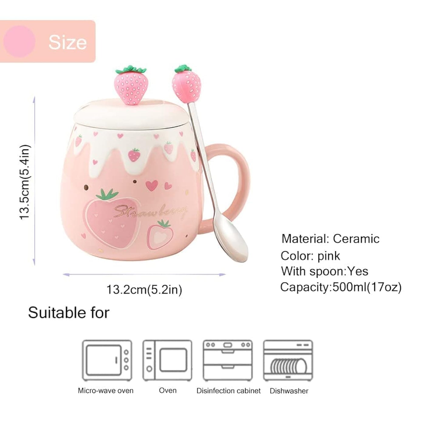 Cute Strawberry Mugs Pink Coffee Mug Ceramic Kawaii Cup Morning Tea Milk Fruit Mug With Lovely Lid Stainless Steel Spoon Creative Novelty Birthday Valentine'S Day Christmas For Lovers Girl 500Ml (B)