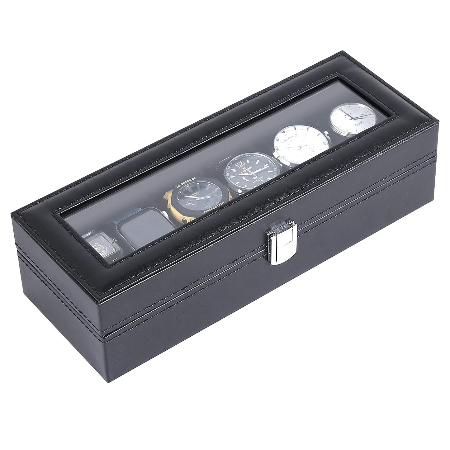 Watch Box, 6 Slot Watch Holder With Glass Lid, Pu Leather Watch Case Watch Box For Men And Women, Watch Display Storage Box, Valentines Day Birthday, Black