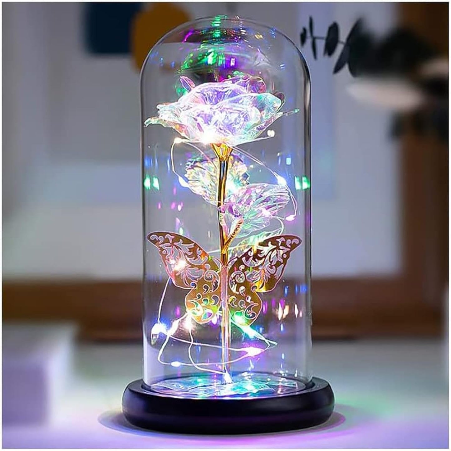 Glass Crystal Rose Flower Gifts, Led Artificial Butterfly Colorful Preserved Eternal Rose Forever In Glass Dome, Mother'S Day Christmas Valentine'S Day Birthday Wedding Gifts