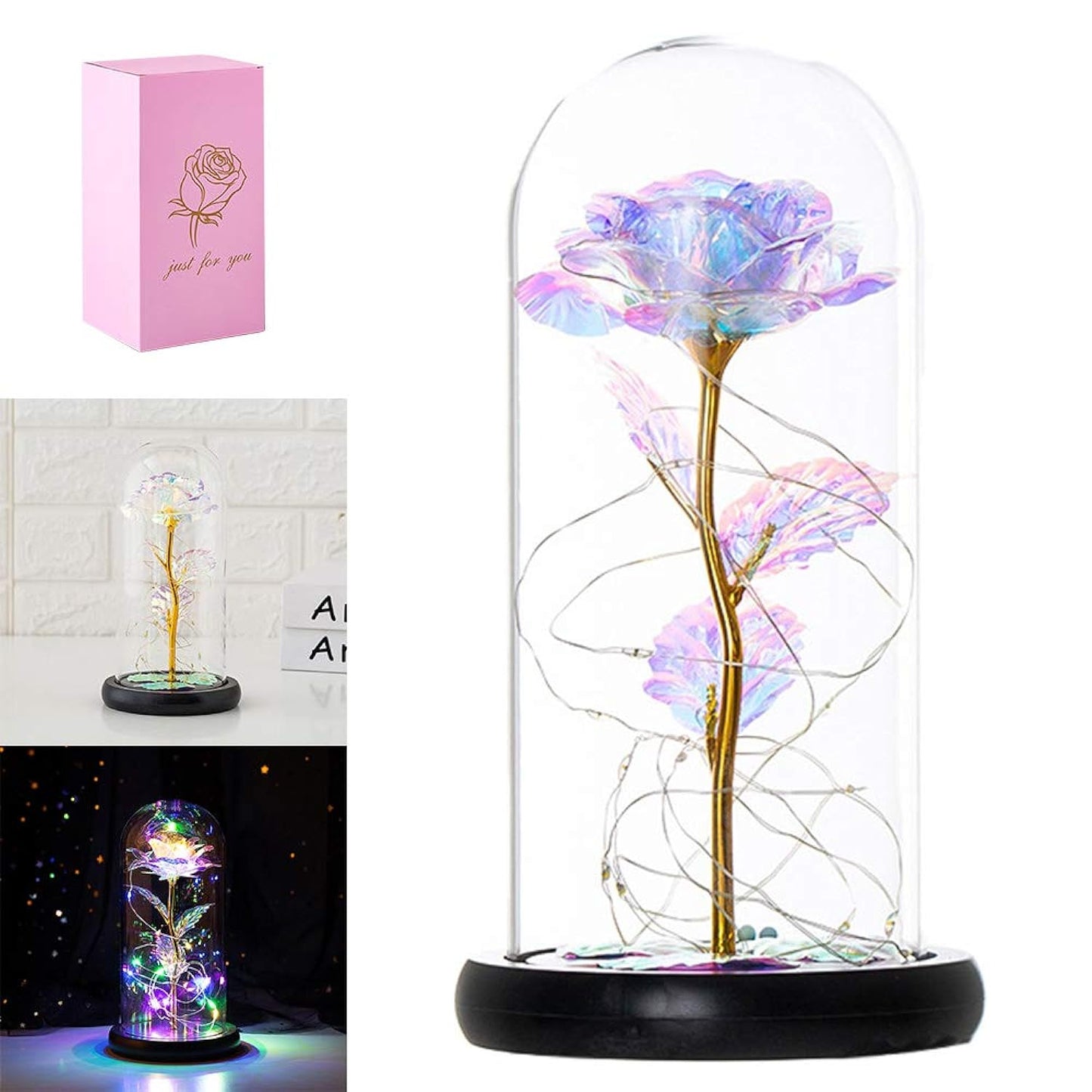 Forever Rose In Glass Dome, Flower With Led Light In Glass Dome Home Decor For Valentine'S Mother'S Day Birthday,Wedding, Anniversary,Women Best Gift