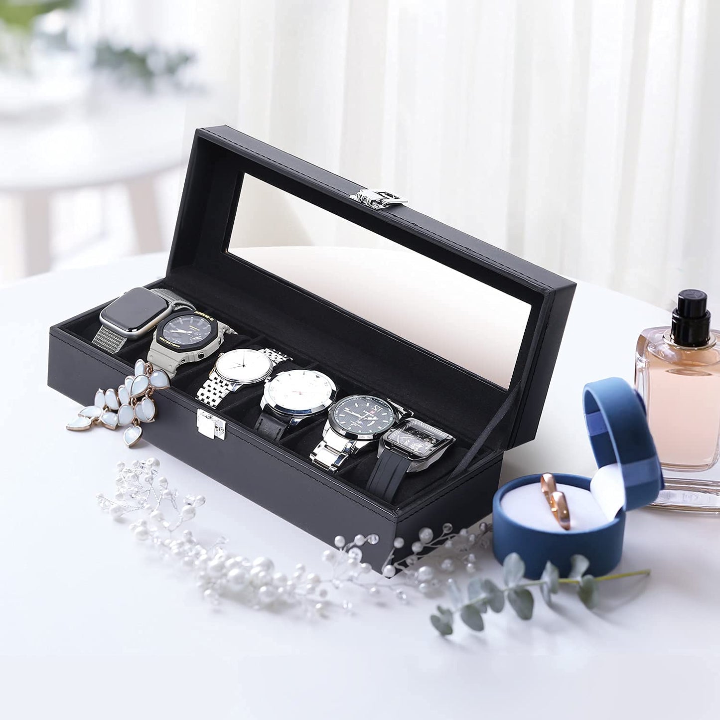 Watch Box, 6 Slot Watch Holder With Glass Lid, Pu Leather Watch Case Watch Box For Men And Women, Watch Display Storage Box, Valentines Day Birthday, Black