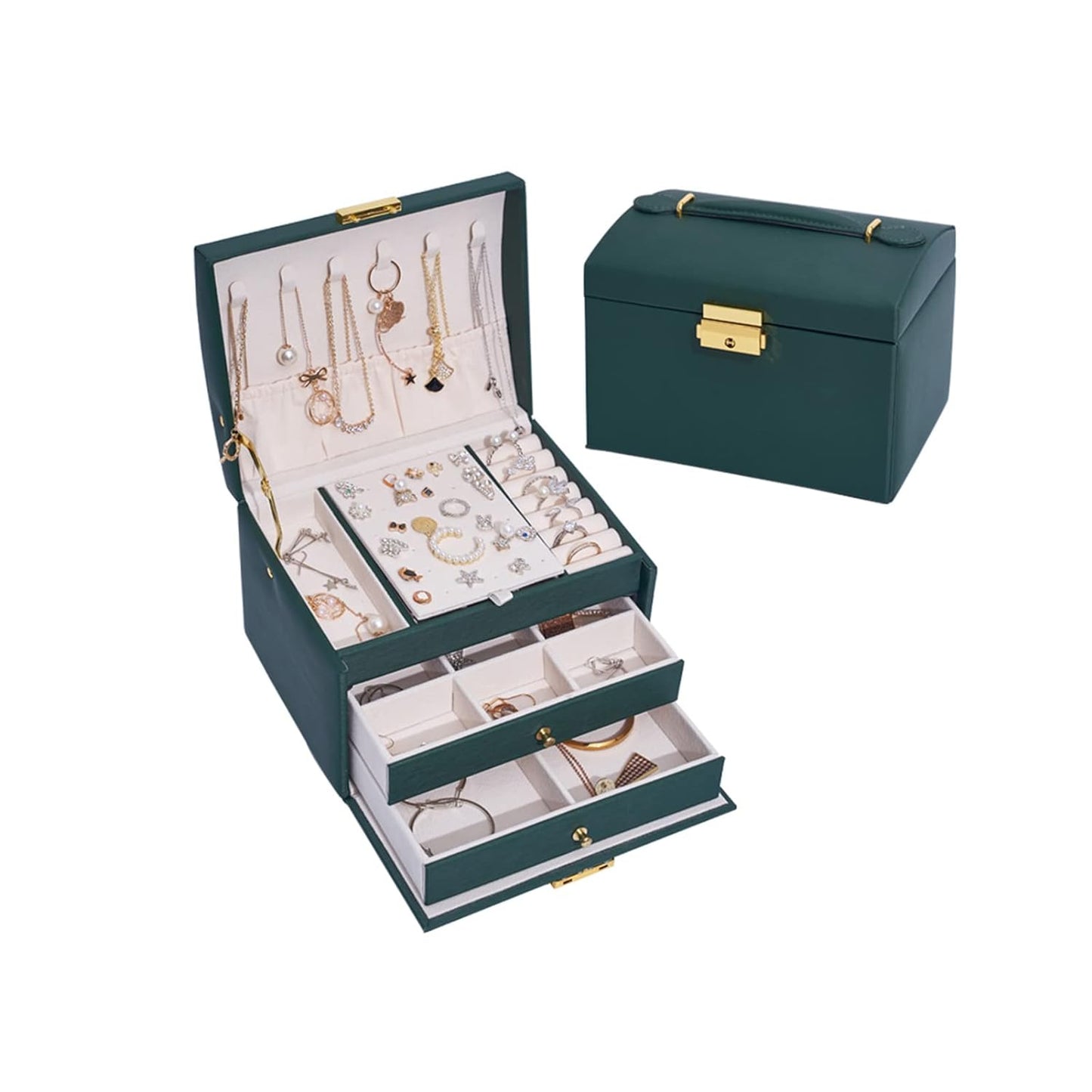 Large-Capacity Jewelry Organiser Box 3- Layer Storage Case For Earrings Rings Bracelet Necklaces For Her Girl And Woman Anniversary Valentines Mother Birthday Gift-Dark Green