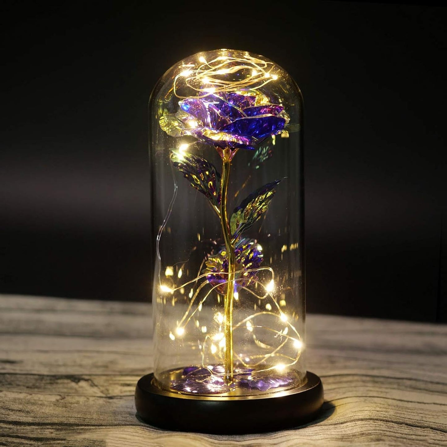 Foil Rose In Glass Dome Artificial Flower Led String Light, Women Female Valentine'S Day Mother'S Day Wedding Anniversary Christmas Party Home Decor (Purple)