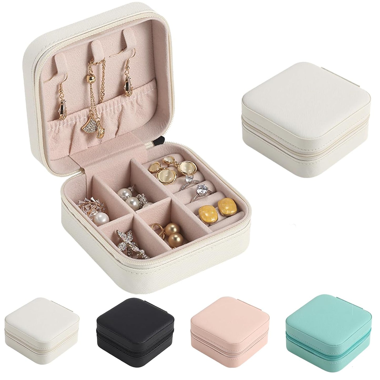 Mini Small Portable Travel Jewelry Organiser Box With Zipper Storage Case For Earrings Rings Bracelet Necklaces For Her Girl And Woman Anniversary Valentines Mother Birthday Gift (White)