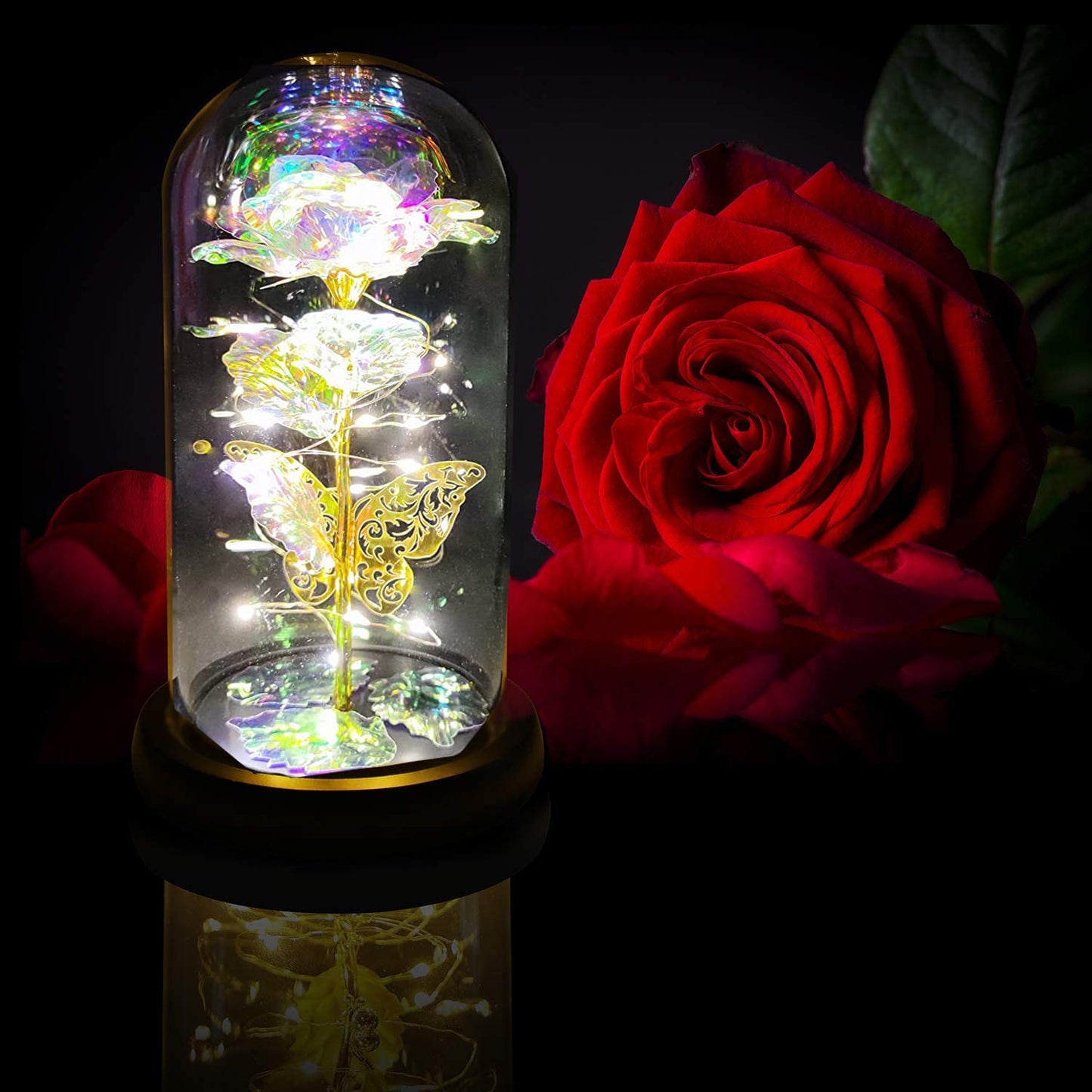 Glass Crystal Rose Flower Gifts, Led Artificial Butterfly Colorful Preserved Eternal Rose Forever In Glass Dome, Mother'S Day Christmas Valentine'S Day Birthday Wedding Gifts