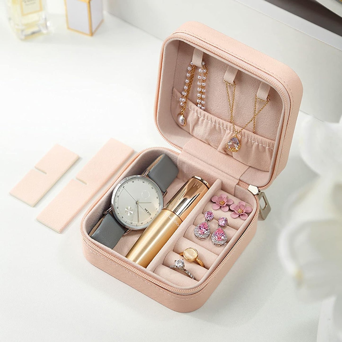 Mini Small Portable Travel Jewelry Organiser Box With Zipper Storage Case For Earrings Rings Bracelet Necklaces For Her Girl And Woman Anniversary Valentines Mother Birthday Gift (Pink)