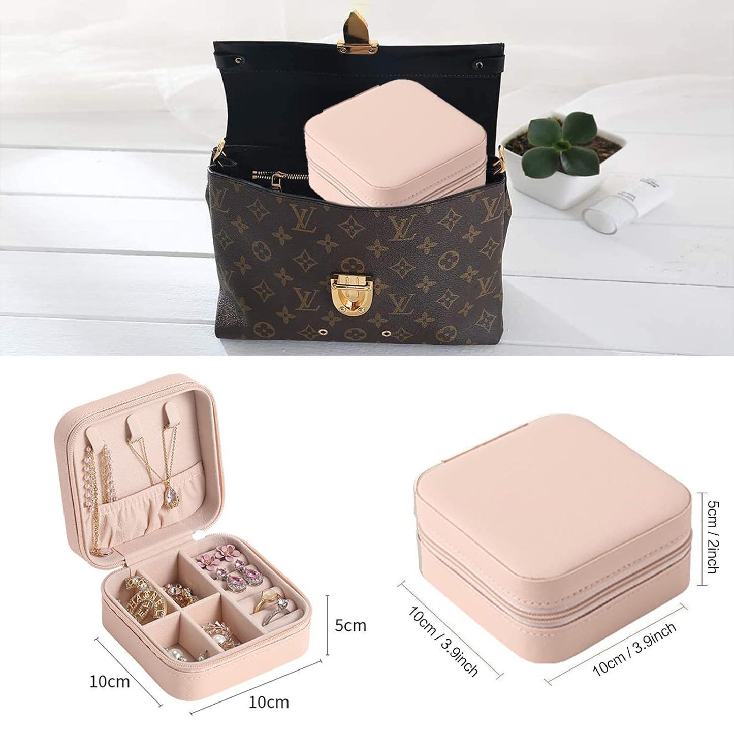 Mini Small Portable Travel Jewelry Organiser Box With Zipper Storage Case For Earrings Rings Bracelet Necklaces For Her Girl And Woman Anniversary Valentines Mother Birthday Gift (Pink)