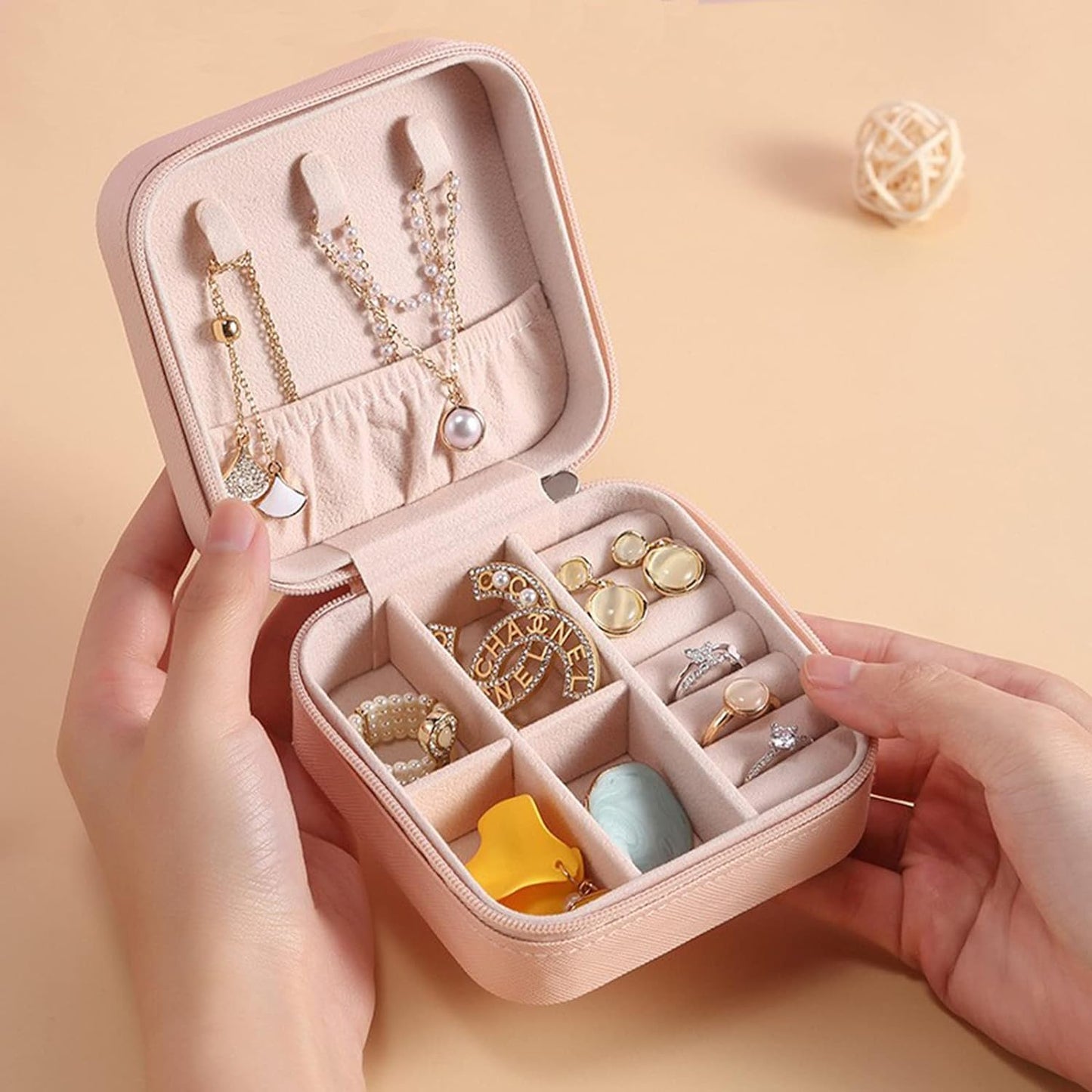 Mini Small Portable Travel Jewelry Organiser Box With Zipper Storage Case For Earrings Rings Bracelet Necklaces For Her Girl And Woman Anniversary Valentines Mother Birthday Gift (Pink)