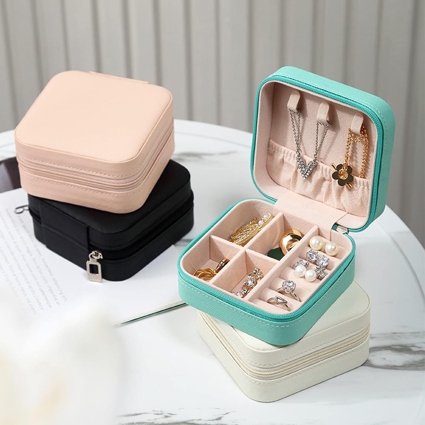 Mini Small Portable Travel Jewelry Organiser Box With Zipper Storage Case For Earrings Rings Bracelet Necklaces For Her Girl And Woman Anniversary Valentines Mother Birthday Gift (White)