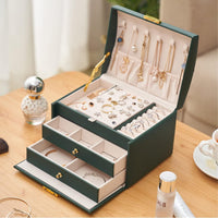 Large-Capacity Jewelry Organiser Box 3- Layer Storage Case For Earrings Rings Bracelet Necklaces For Her Girl And Woman Anniversary Valentines Mother Birthday Gift-Dark Green