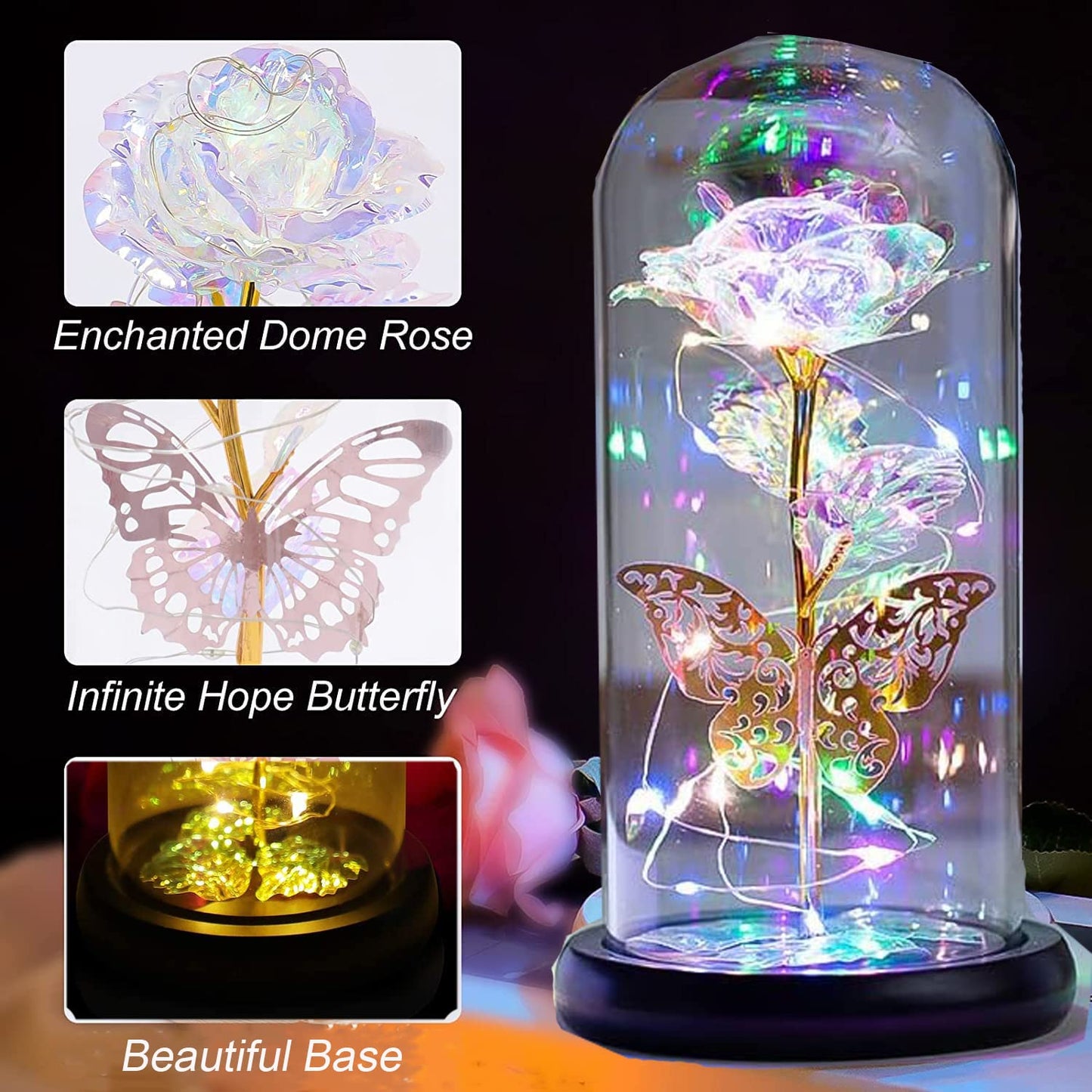 Glass Crystal Rose Flower Gifts, Led Artificial Butterfly Colorful Preserved Eternal Rose Forever In Glass Dome, Mother'S Day Christmas Valentine'S Day Birthday Wedding Gifts