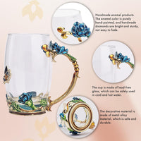 Enamel Butterfly Flower Tea Cup Sets With Spoon And Lid Glass Coffee Mug Mothers Day Gifts For Mum Wedding Christmas Graduation Valentines Birthday Gifts For Women Wife Friend Teacher(Blue)