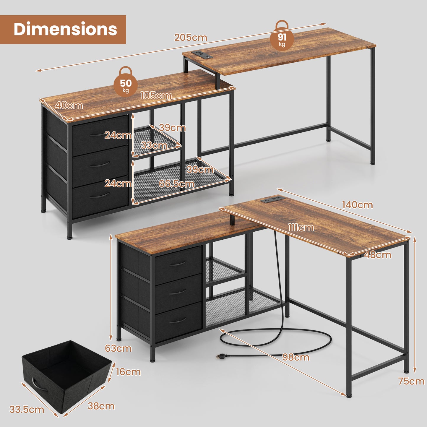 L-Shaped Corner Computer Desk with Power Outlet, Drawers & Metal Mesh Shelves – Ideal Home Office Workstation