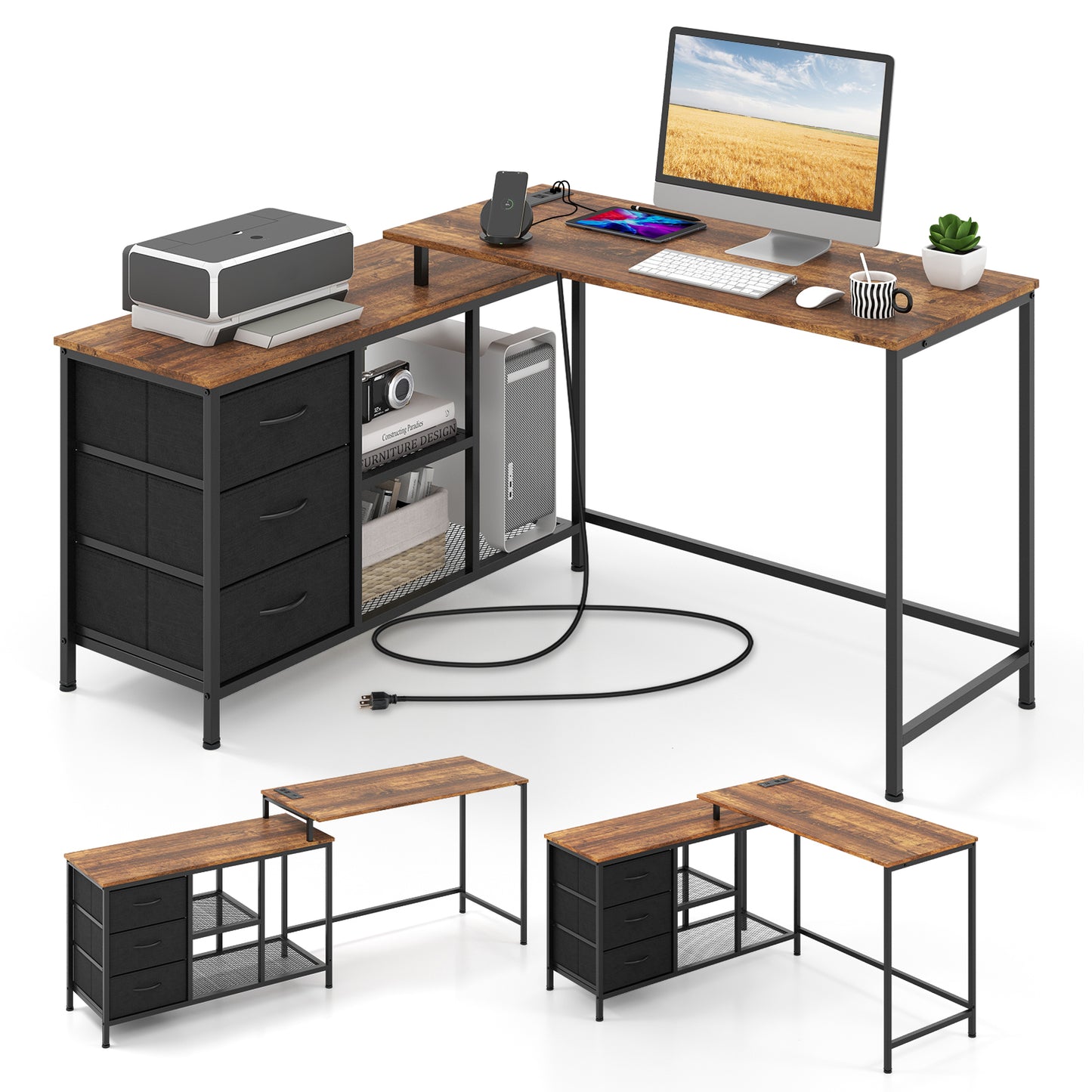 L-Shaped Corner Computer Desk with Power Outlet, Drawers & Metal Mesh Shelves – Ideal Home Office Workstation