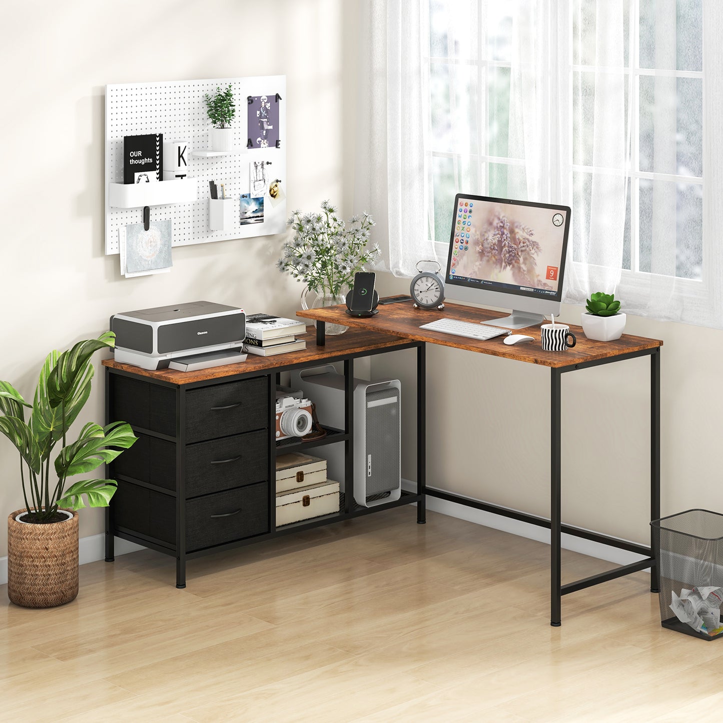 L-Shaped Corner Computer Desk with Power Outlet, Drawers & Metal Mesh Shelves – Ideal Home Office Workstation