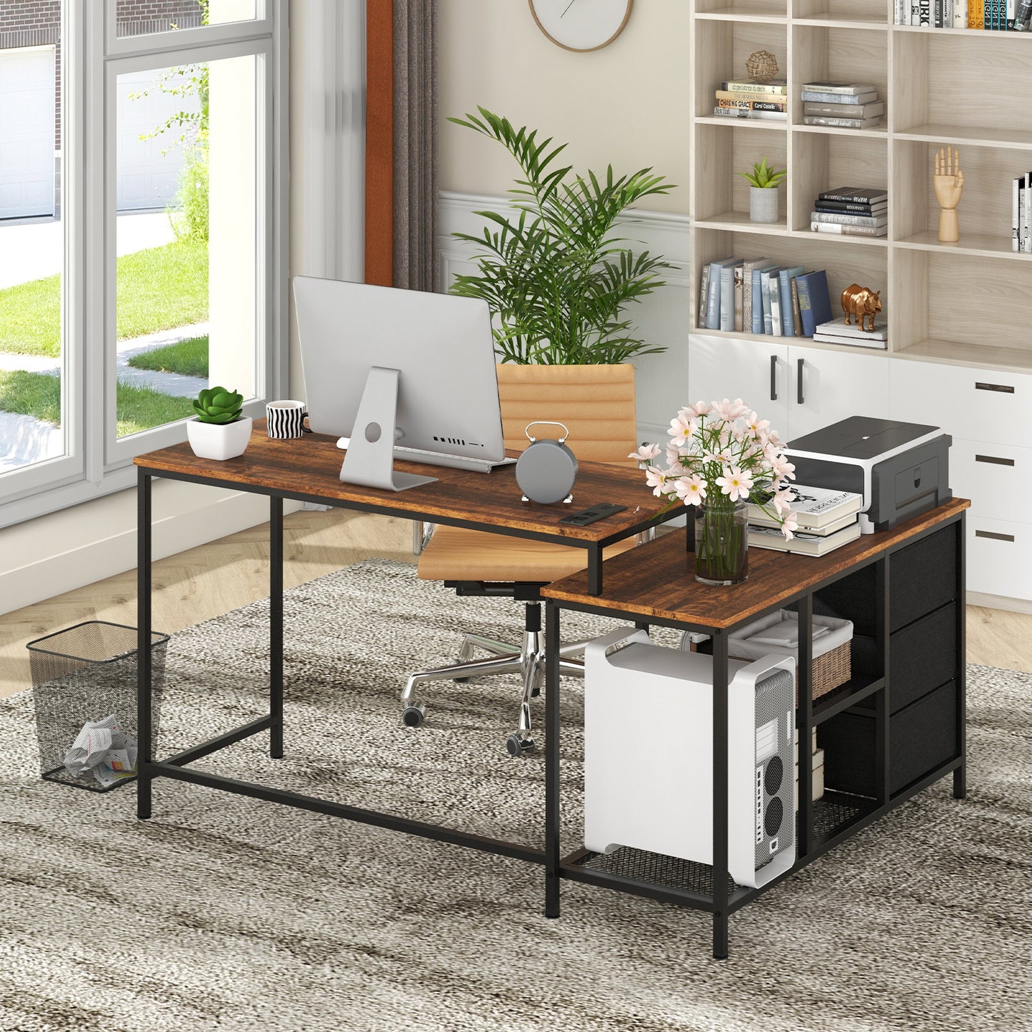 L-Shaped Corner Computer Desk with Power Outlet, Drawers & Metal Mesh Shelves – Ideal Home Office Workstation