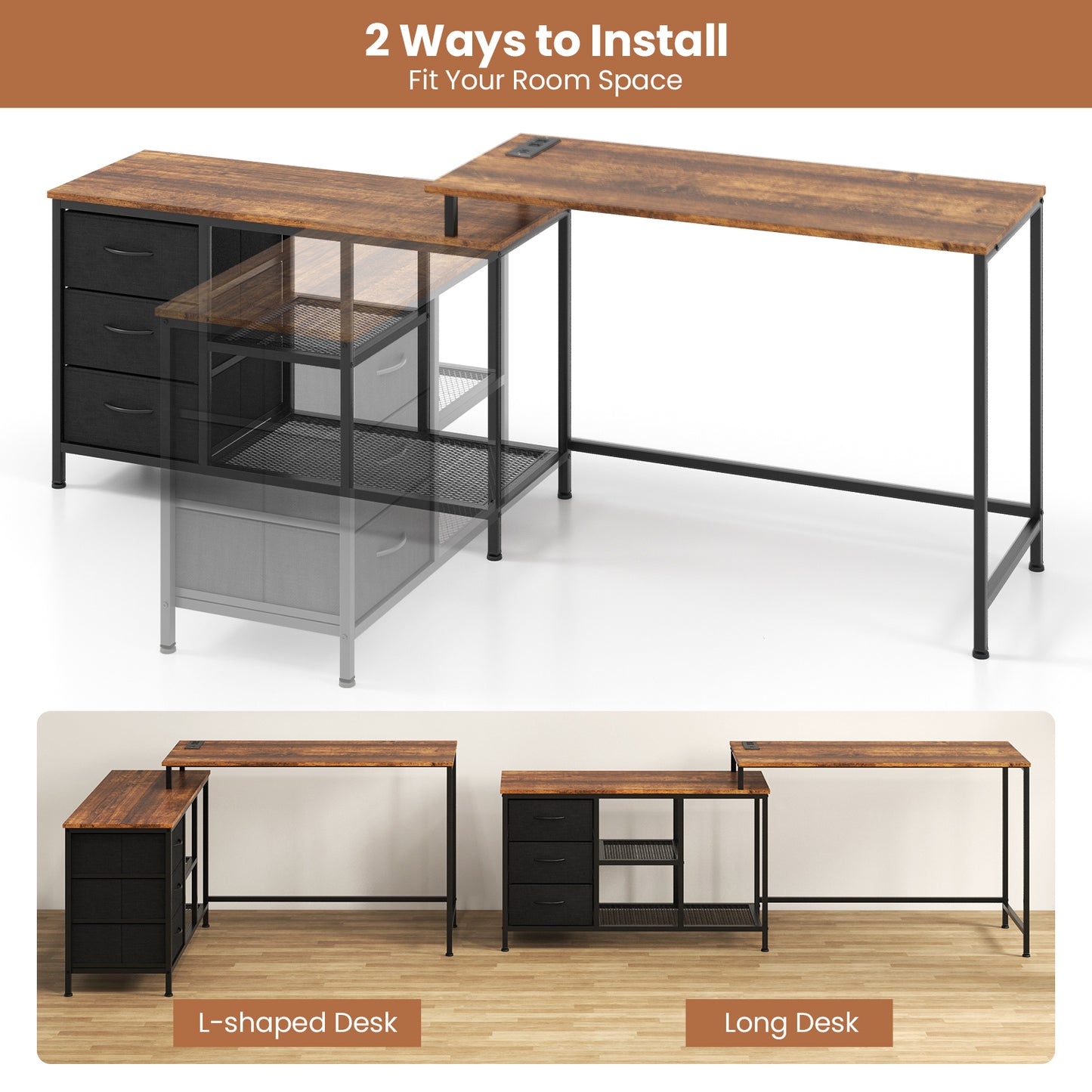 L-Shaped Corner Computer Desk with Power Outlet, Drawers & Metal Mesh Shelves – Ideal Home Office Workstation