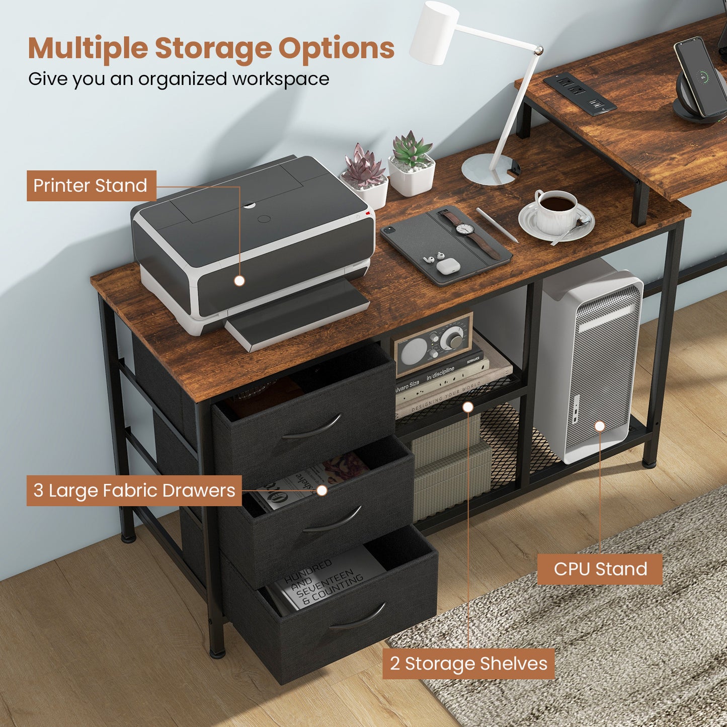 L-Shaped Corner Computer Desk with Power Outlet, Drawers & Metal Mesh Shelves – Ideal Home Office Workstation