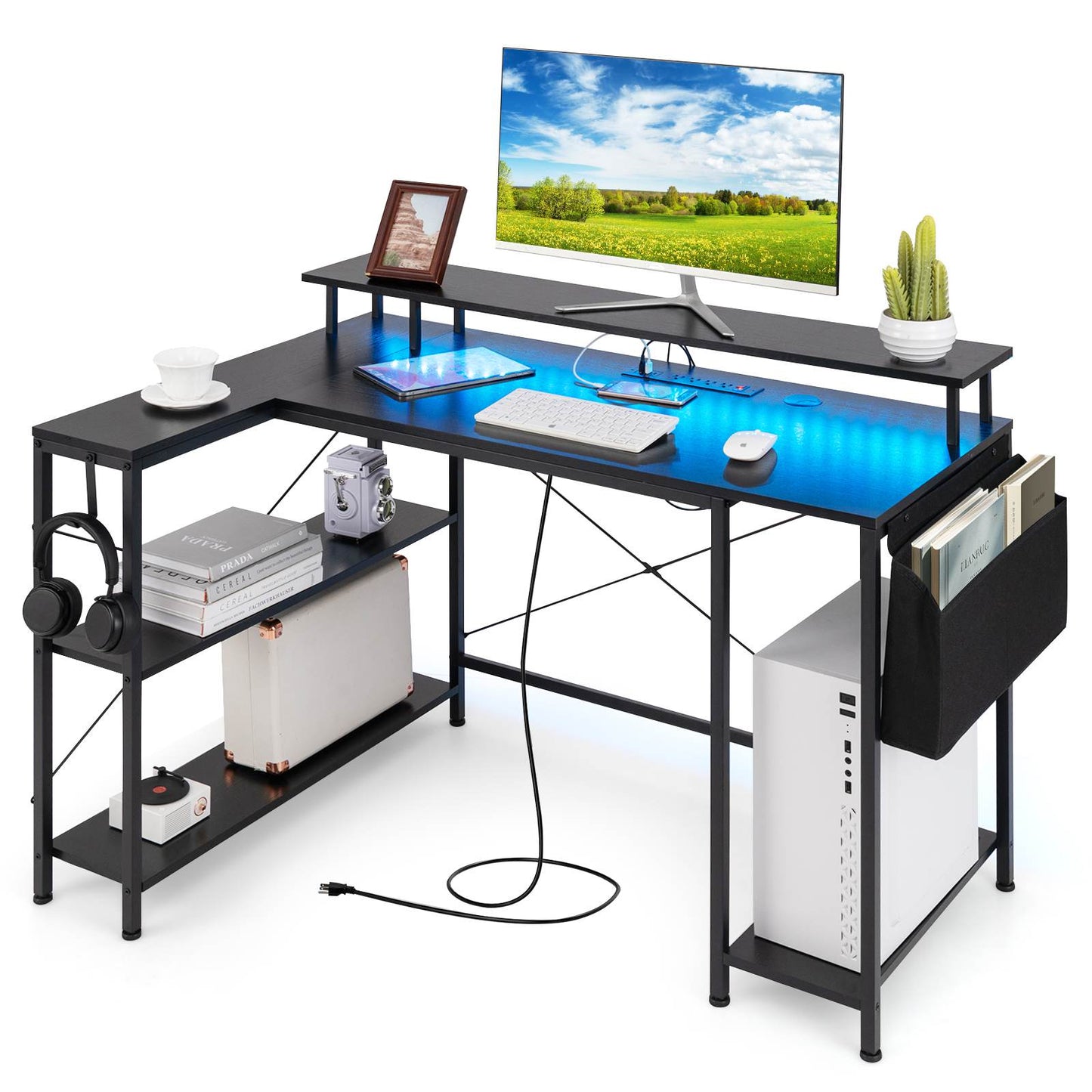 L-Shaped Gaming Desk with LED Lights & Power Outlets – Modern Home Office Computer Desk