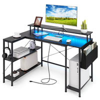 L-Shaped Gaming Desk with LED Lights & Power Outlets – Modern Home Office Computer Desk