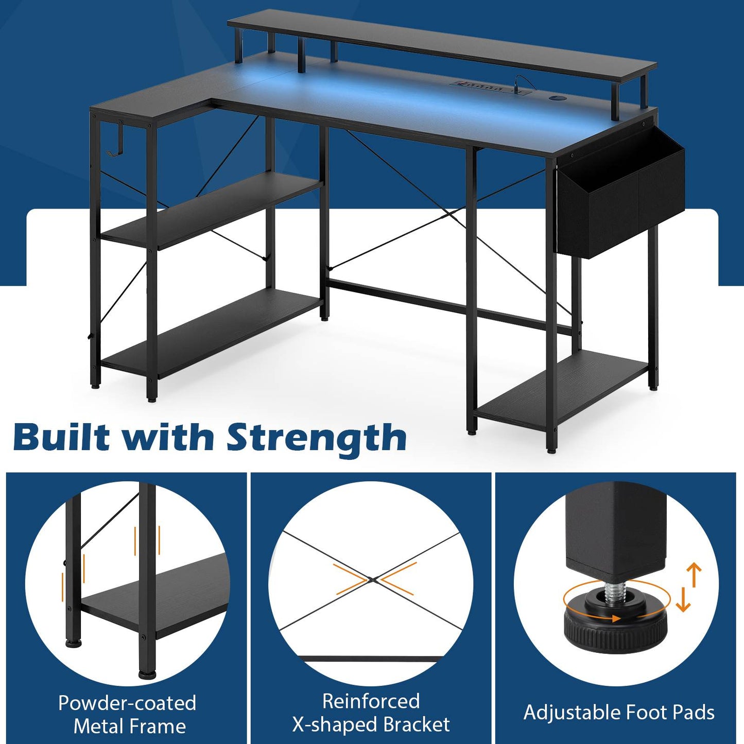 L-Shaped Gaming Desk with LED Lights & Power Outlets – Modern Home Office Computer Desk