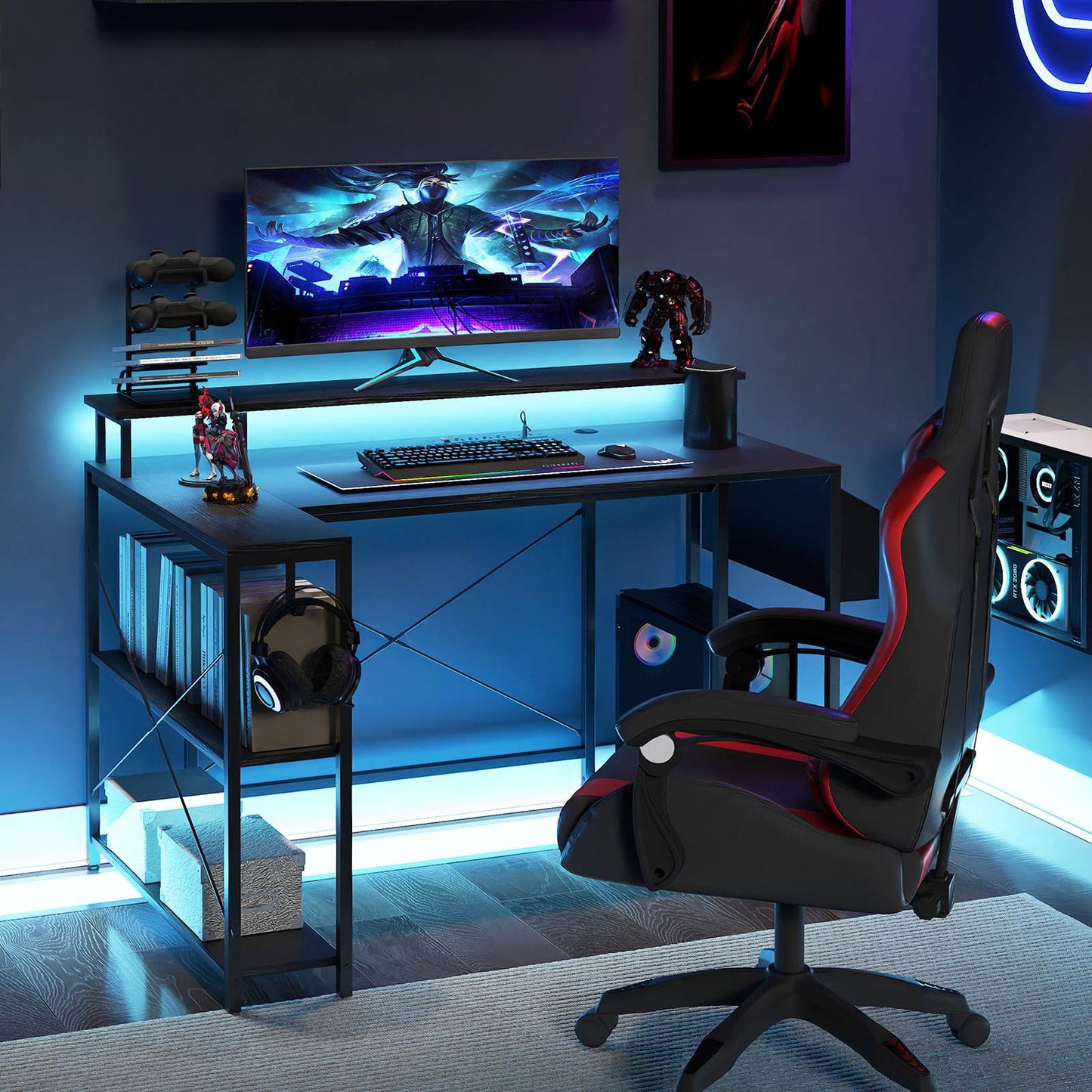 L-Shaped Gaming Desk with LED Lights & Power Outlets – Modern Home Office Computer Desk