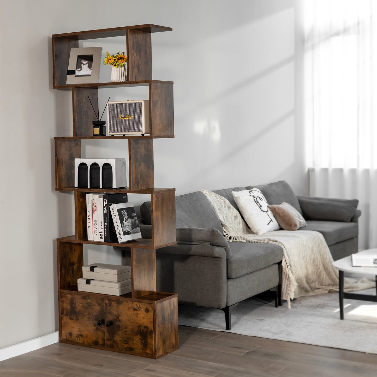 Bookshelf w/Cabinet 6-Tier S-Shaped Bookcase Storage Rack