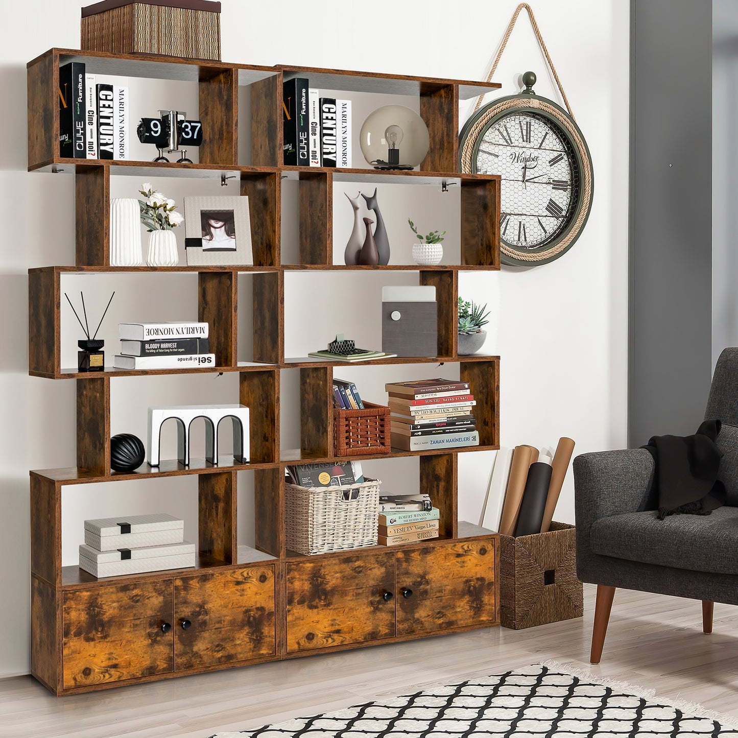 Bookshelf w/Cabinet 6-Tier S-Shaped Bookcase Storage Rack