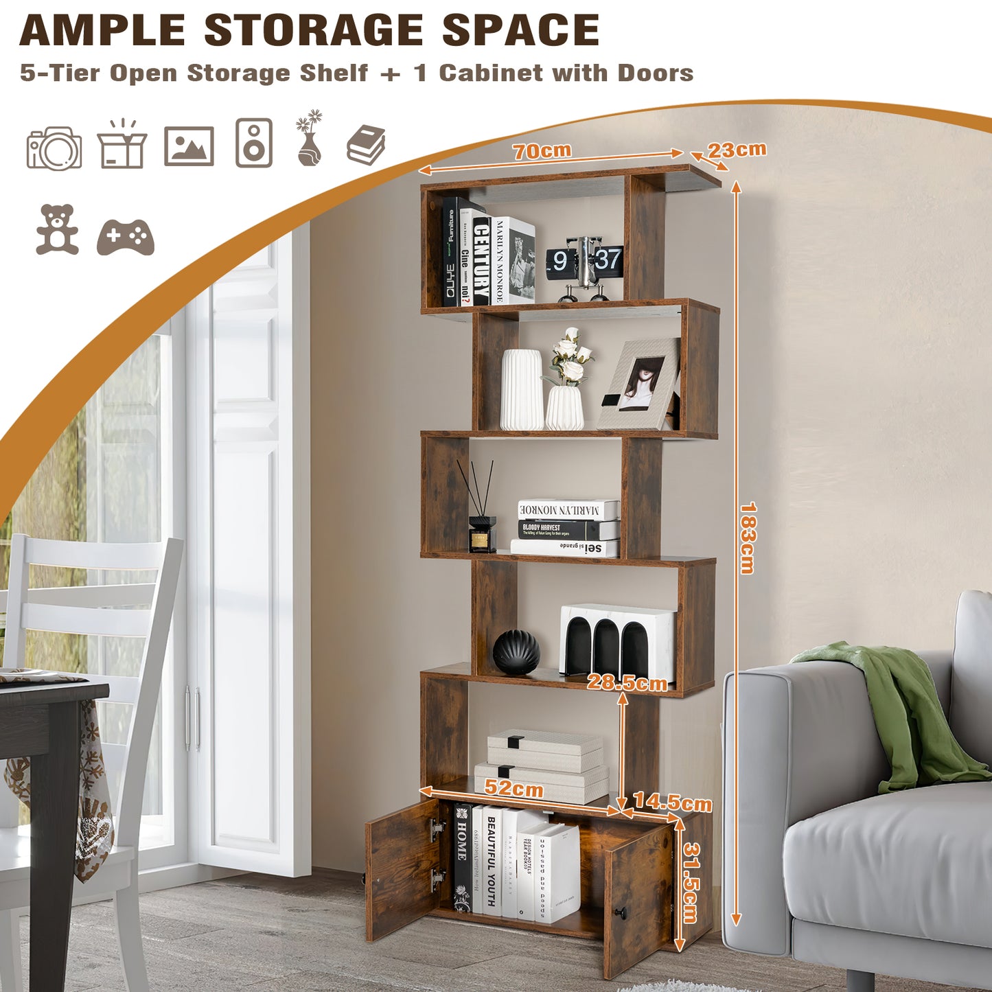 Bookshelf w/Cabinet 6-Tier S-Shaped Bookcase Storage Rack