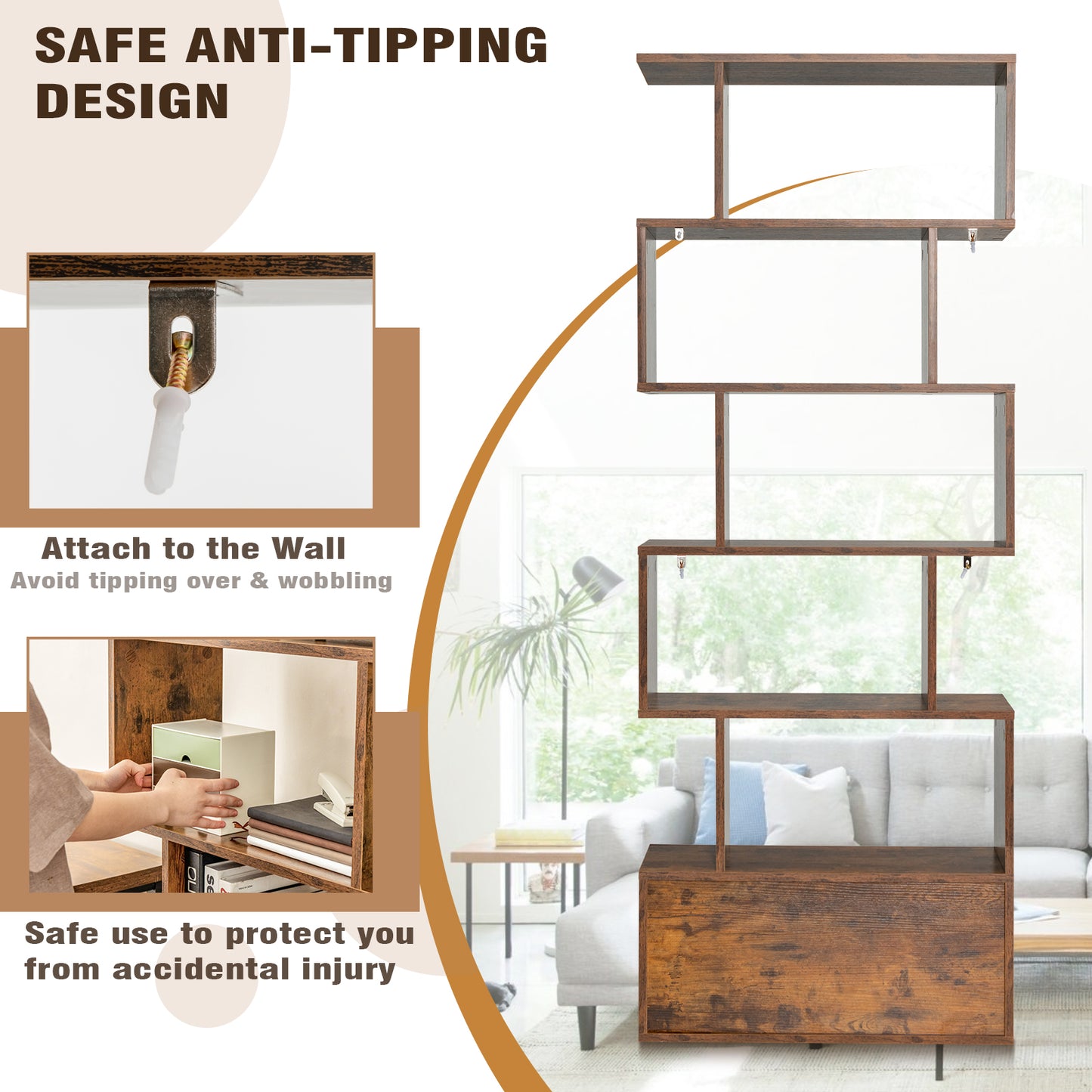 Bookshelf w/Cabinet 6-Tier S-Shaped Bookcase Storage Rack