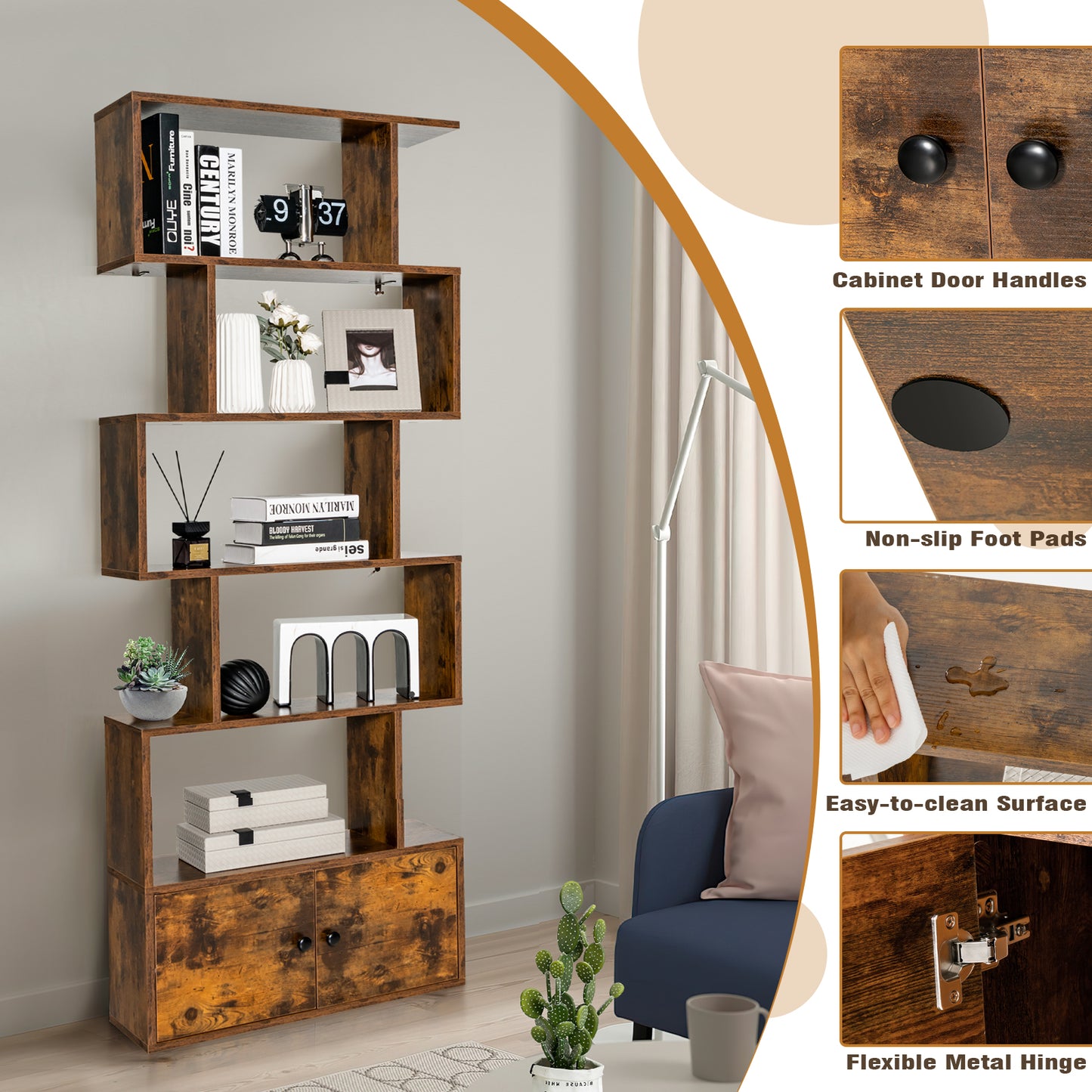 Bookshelf w/Cabinet 6-Tier S-Shaped Bookcase Storage Rack