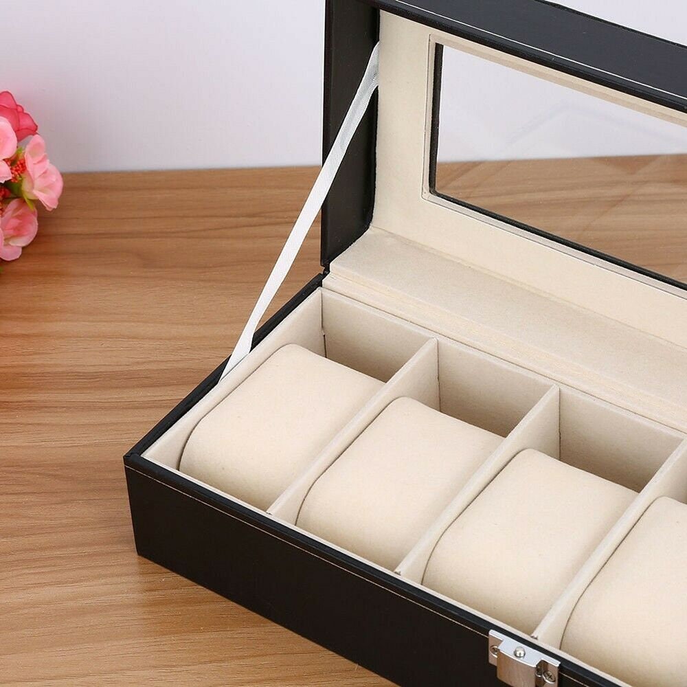 Leather Storage Jewelry Display Box with 6 Grids for Watches and Jewelry