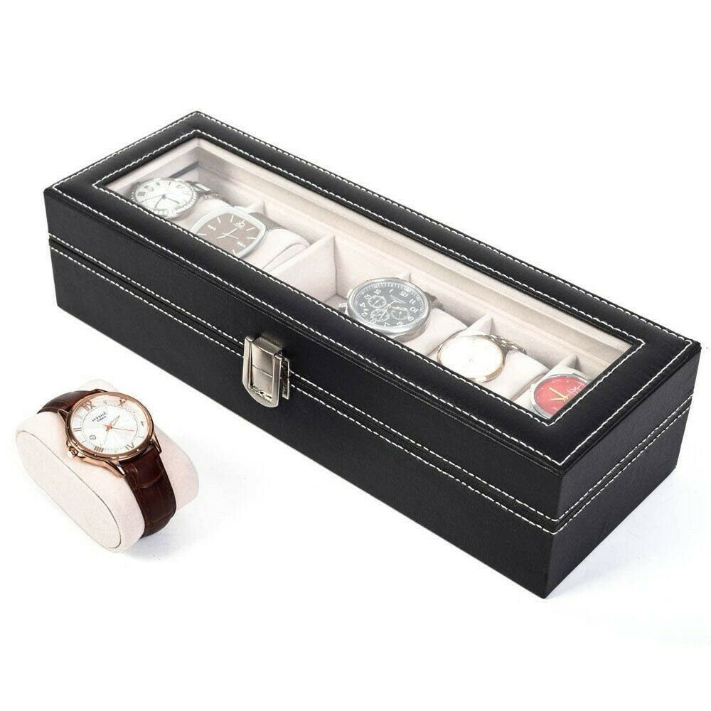 Leather Storage Jewelry Display Box with 6 Grids for Watches and Jewelry