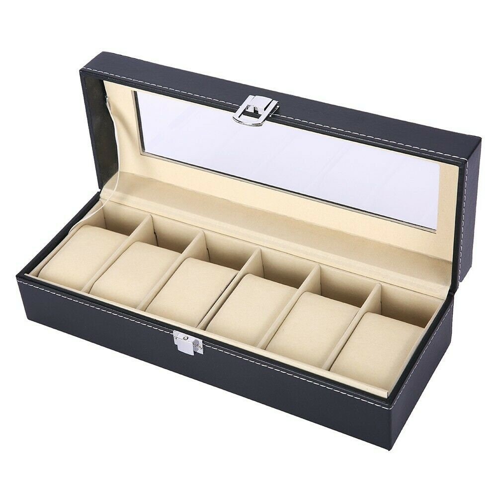 Leather Storage Jewelry Display Box with 6 Grids for Watches and Jewelry