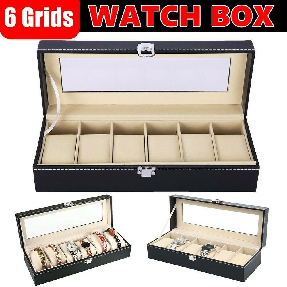 Leather Storage Jewelry Display Box with 6 Grids for Watches and Jewelry