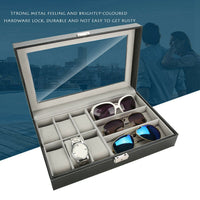 Watch, Sunglass, and Eyeglass Display and Storage Box (6 Watch Slots + 3 Sunglass/Eyeglass Grids)