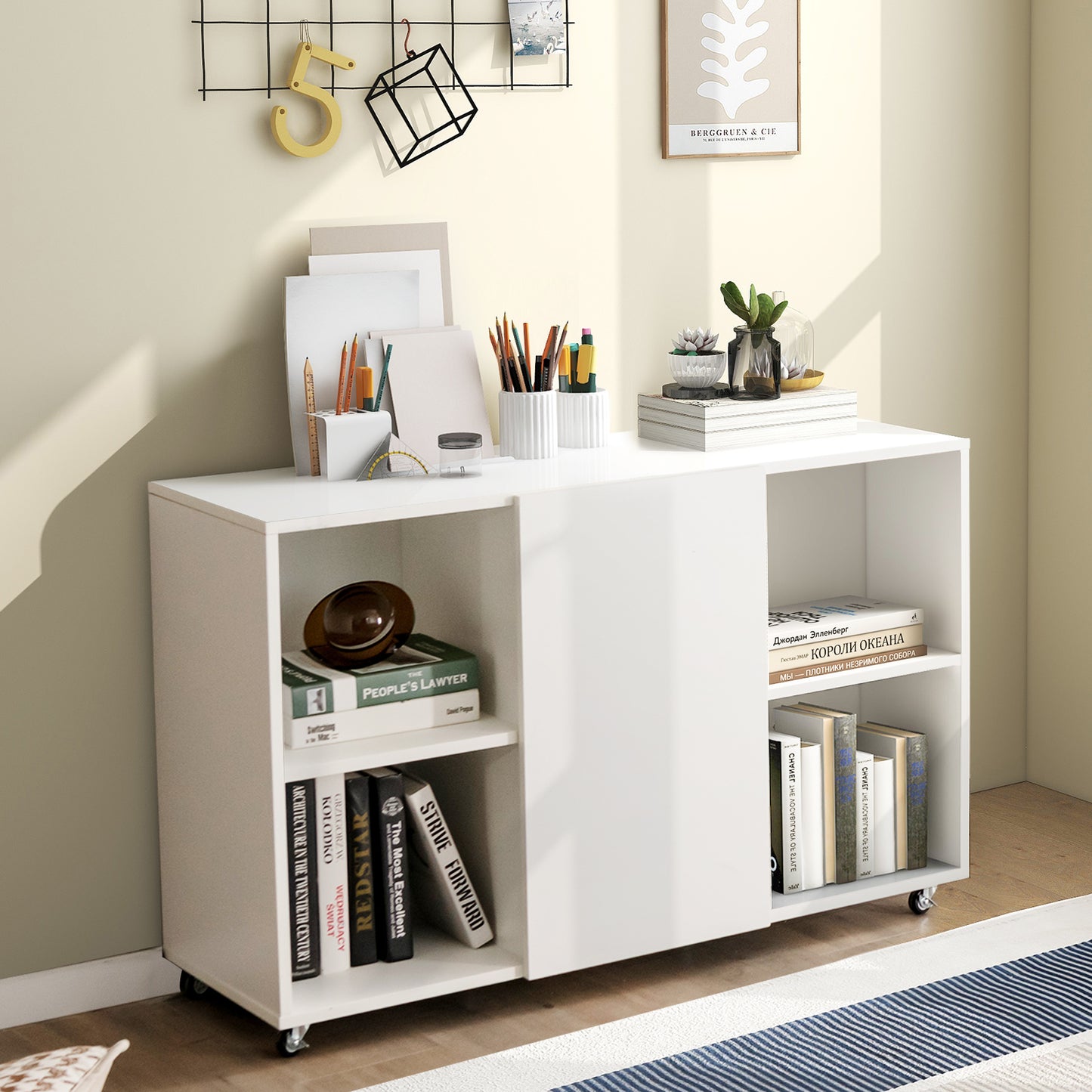 6-Cube Rolling Bookcase & Storage Cabinet – Mobile Sideboard with Display Shelves