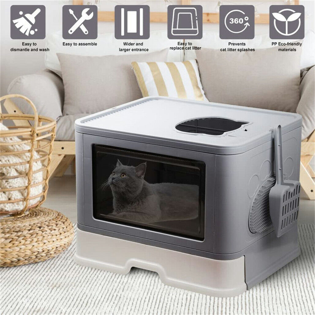 XL Sturdy Fully Enclosed Hooded Cat Litter Box Foldable Kitty Toilet Tray Refill