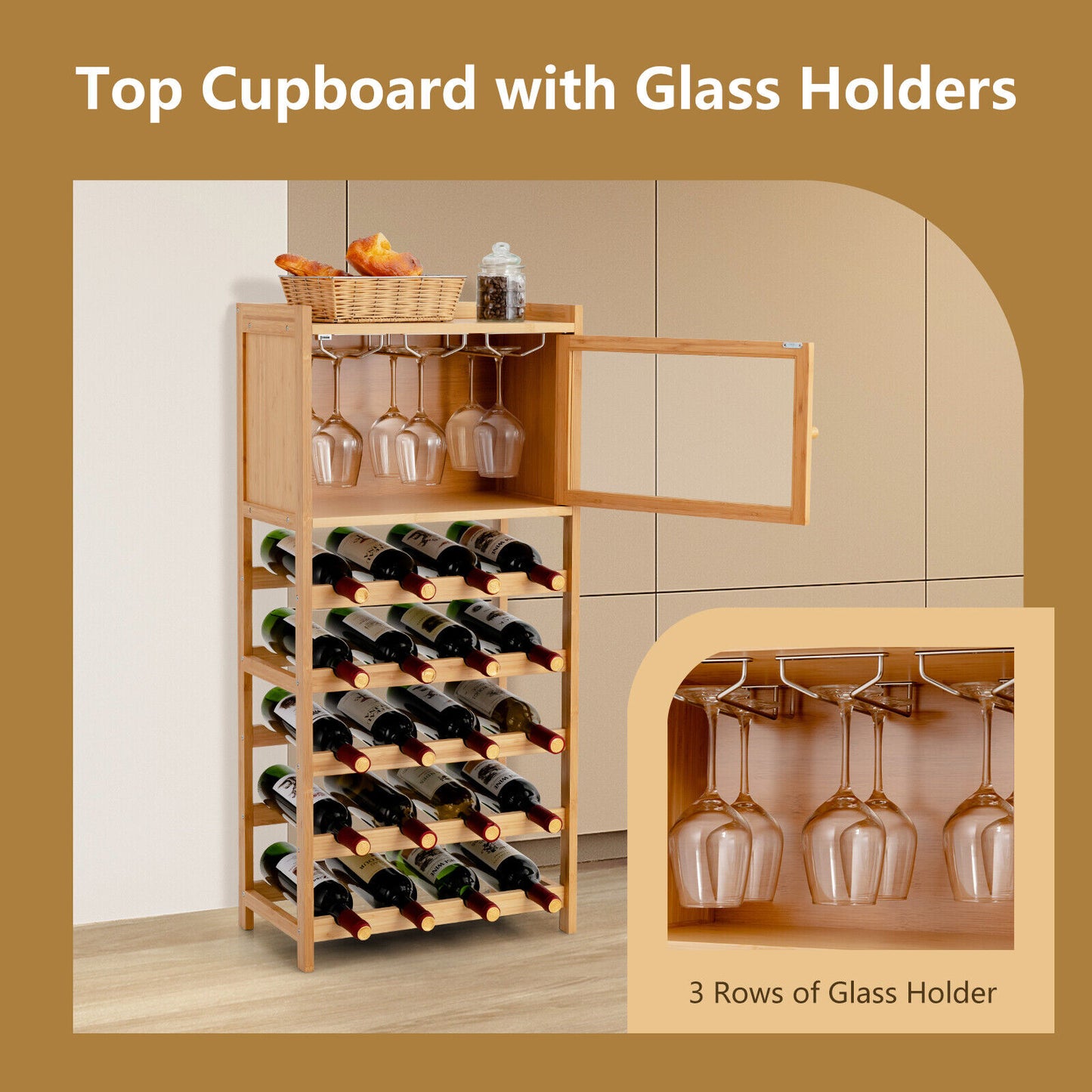 20-Bottle Wine Rack Cabinet Bamboo Display Shelf w/ Glass Holder Kitchen