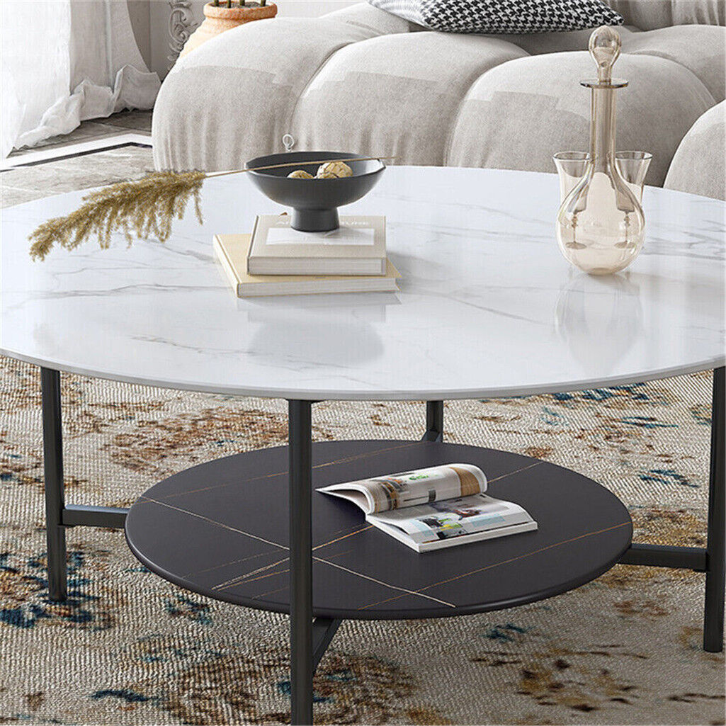 Super Strong Marble Coffee Table Large Two-Tier Round Side End Table Open Storag