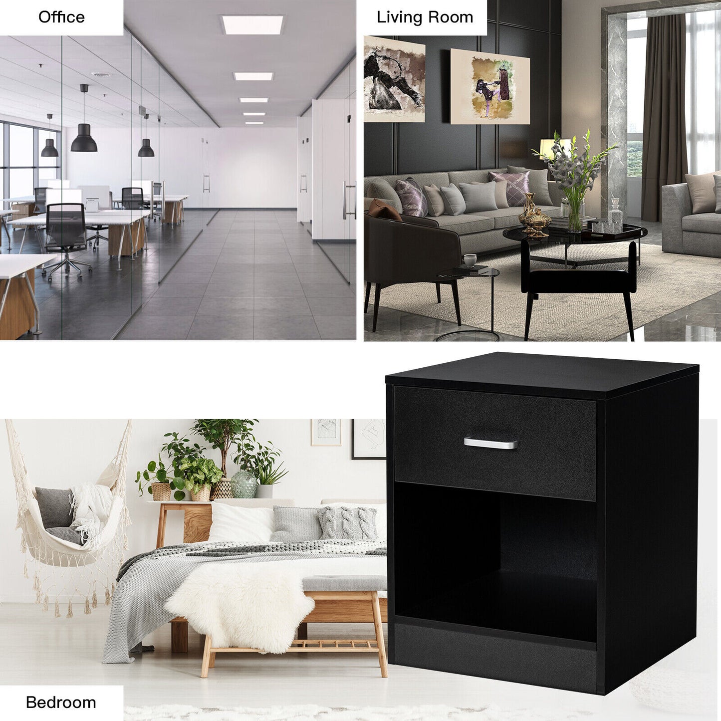 2PCS Nightstand with Drawer Storage Cabinet Modern Beside Table Black