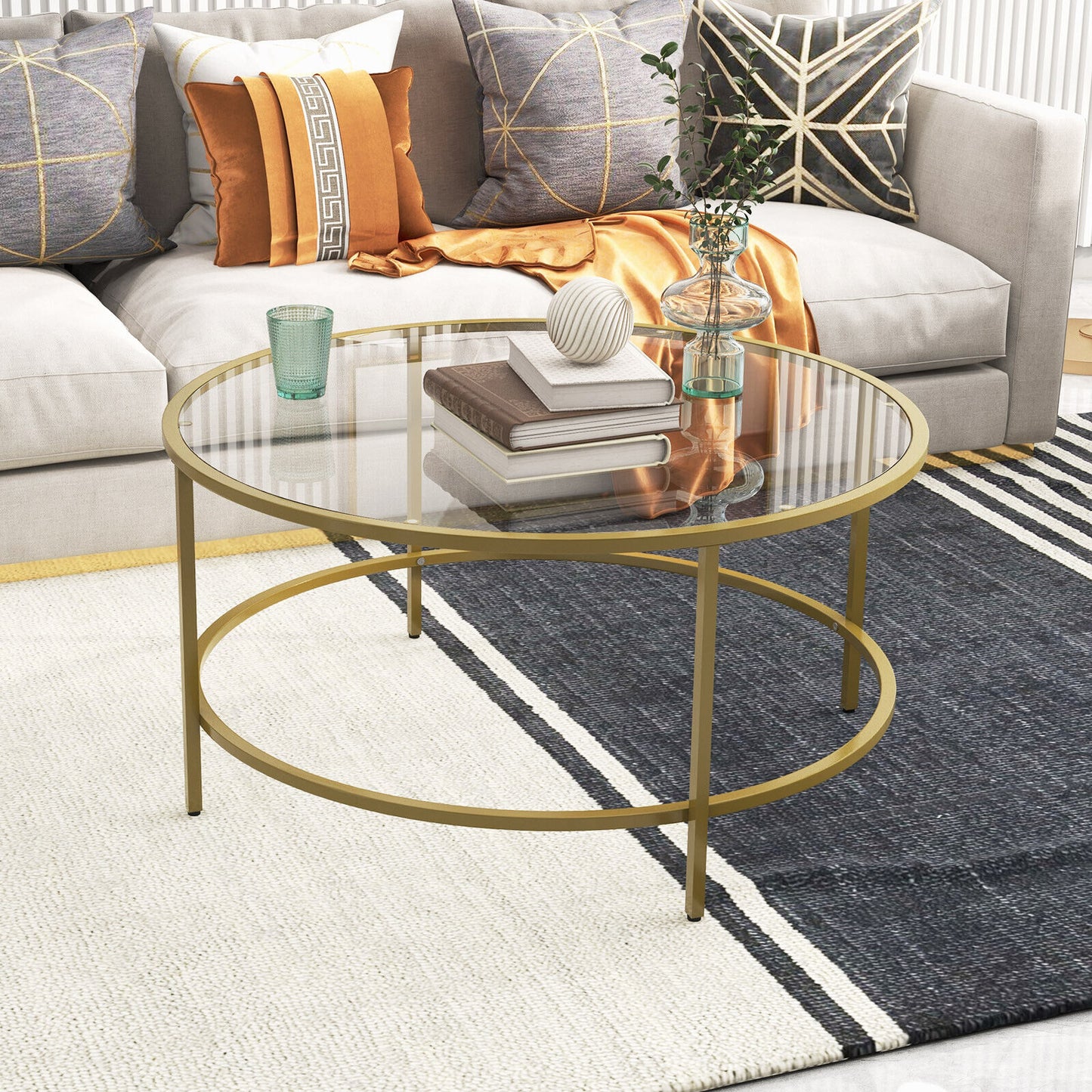 90cm Accent Round Coffee Table Center Table with Tempered Glass Tabletop Golden