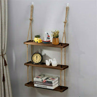 Rustic Solid Wood Rope Hanging Wall Mount Country Classic Storage Floating Shelf