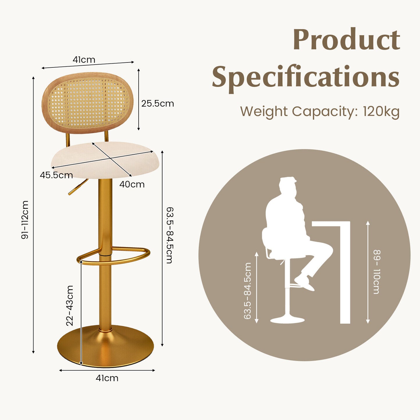 Set of 2 Bar Stools with 360� Swivel, Adjustable Height, PE Rattan Backrest & Footrest