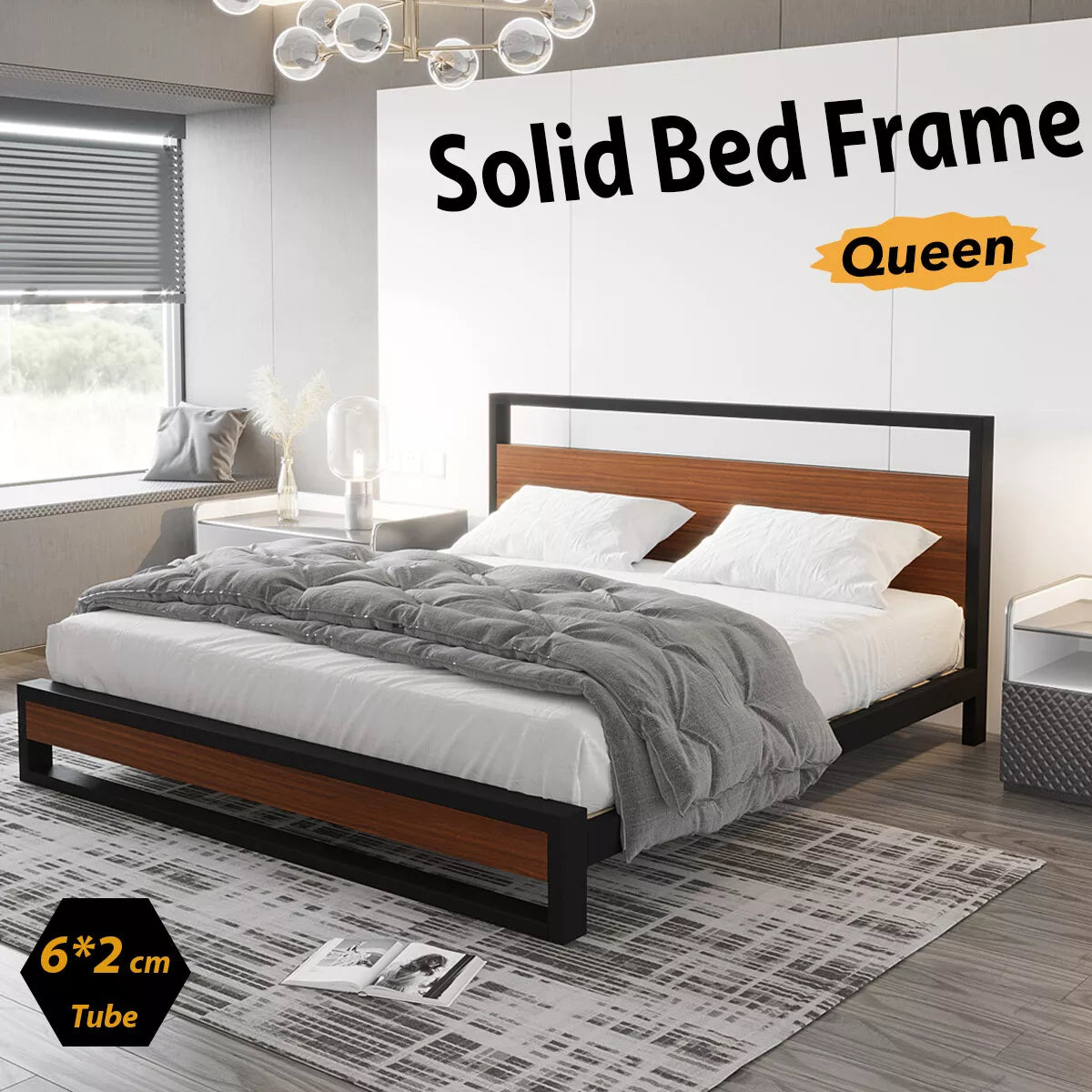 Queen Size Metal and Wood Bed Frame – Super Strong Mattress Base Platform