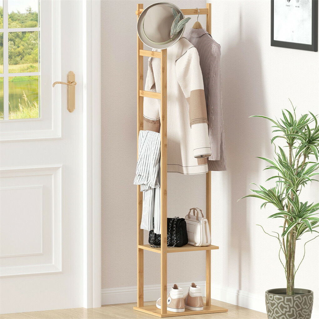 Versatile 3-in-1 Bamboo Coat Hanger Stand Large Capacity Garment Rack w/ Shelves