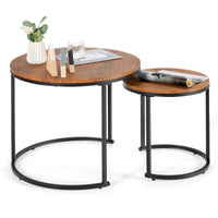 Fine Store - Set of 2 Wooden Brown Round Nesting Coffee Tables, Brown Side End Table, Accent Table