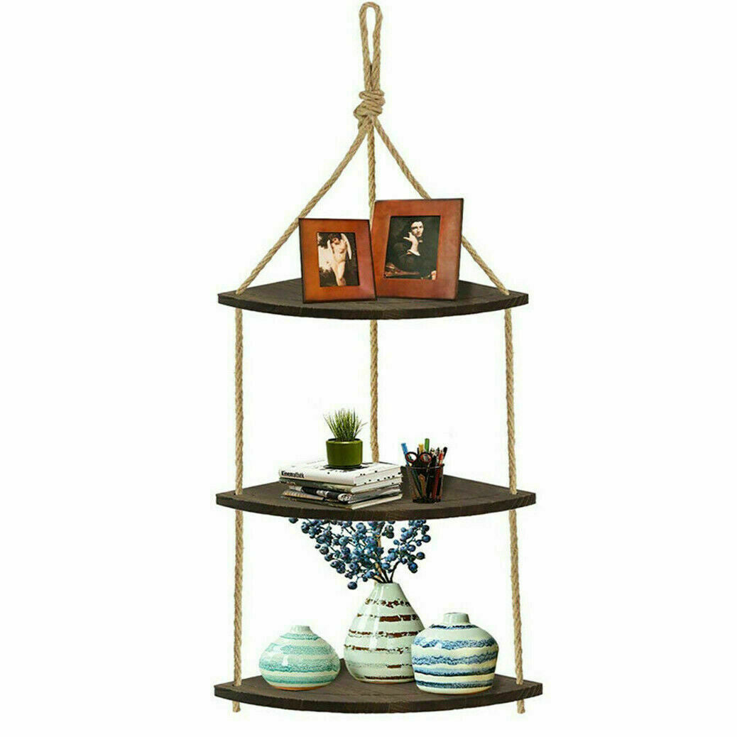 Brown Wood Jute Rope Floating Shelves Hanging Corner Wall Shelf Storage Organize