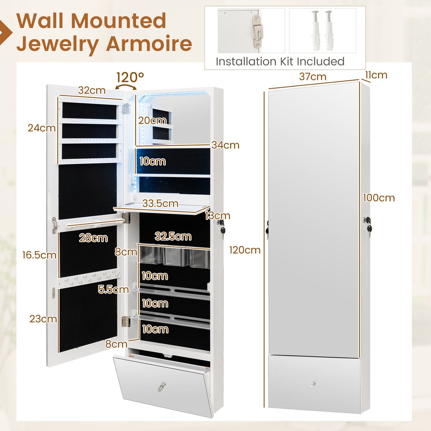 120cm Wall Mounted LED Jewelry Cabinet Armoire Organizer w/ Full-Length Morror