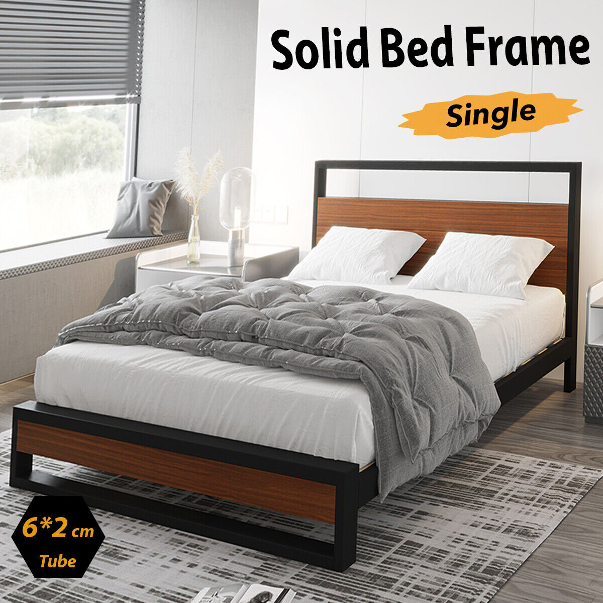 Single Bed Frame Metal Wood Single Size Mattress Base Platform Supper Strong